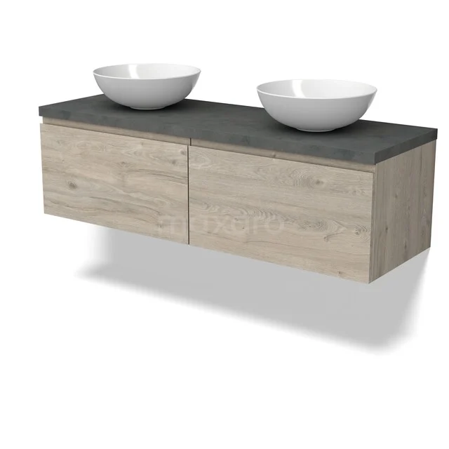Modulo Plato Badkamermeubel voor waskom | 140 cm Lichtgrijs eiken Greeploos front Donkergrijs beton blad 2 lades naast elkaar BMK12-02256 Houten badkamermeubel met twee witte waskommen, grijs stenen blad, modern design, ideaal voor stijlvolle badkamerinrichting.
