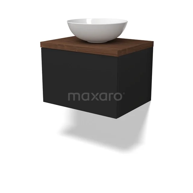 Modulo Plato Badkamermeubel voor waskom | 60 cm Mat zwart Vlak front Walnoot blad 1 lade BMK11-03012 Zwarte zwevende badkamerkast met houten blad en witte komvormige wastafel, modern design voor stijlvolle badkamers.