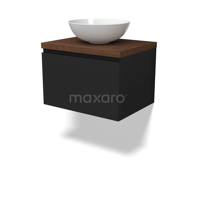 Zwarte hangende badkamermeubel met houten blad en witte ronde waskom, modern design, ideaal voor een stijlvolle badkamer.