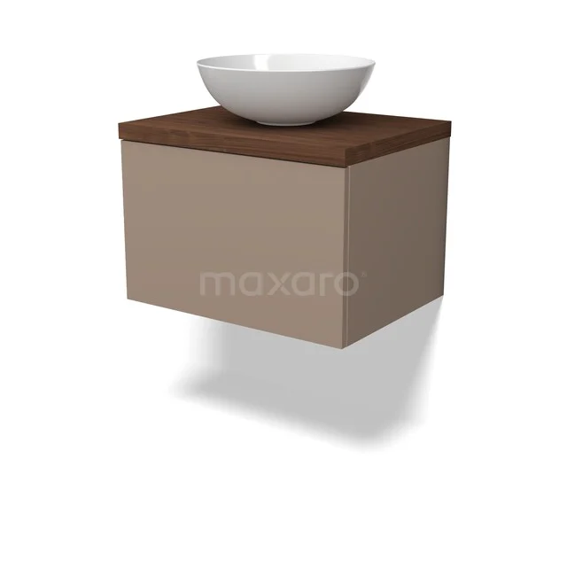 Beige badkamermeubel met houten bovenblad en witte waskom; modern wandmodel, ideaal voor compacte badkamers.