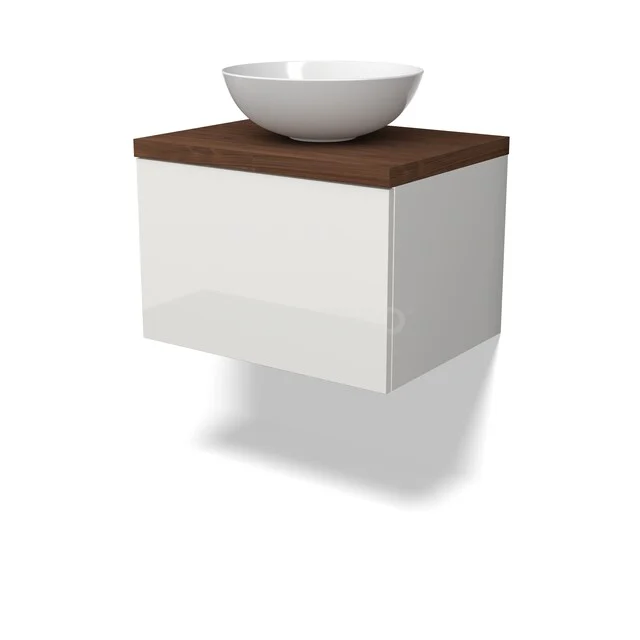 Waschbeckenmöbel Modulo BMK11-03018 Weiße Badmöbelset mit Wandregal, Holzoptik Platte und runder keramischer Waschbecken. Elegantes und kompaktes Design.