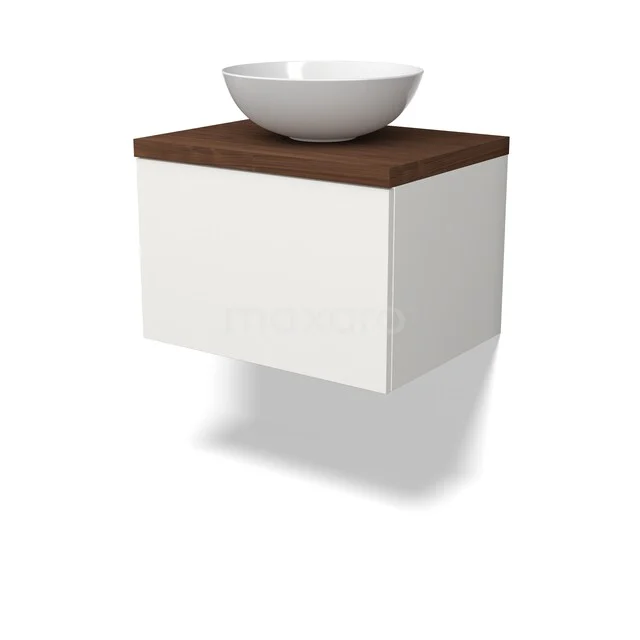 Weißes hängendes Badmöbel mit Holzplatte und rundem Aufsatzwaschbecken, modernes Design, platzsparend und stilvoll.