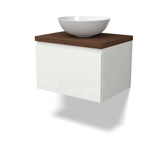 Weißes schwebendes Badmöbel mit Holzplatte und rundem Aufsatzwaschbecken, modernes Design für eine stilvolle Badezimmergestaltung.