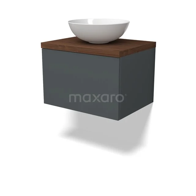 Donkergrijs zwevend badkamermeubel met houten blad en ronde witte waskom, ideaal voor een stijlvolle en moderne badkamer.