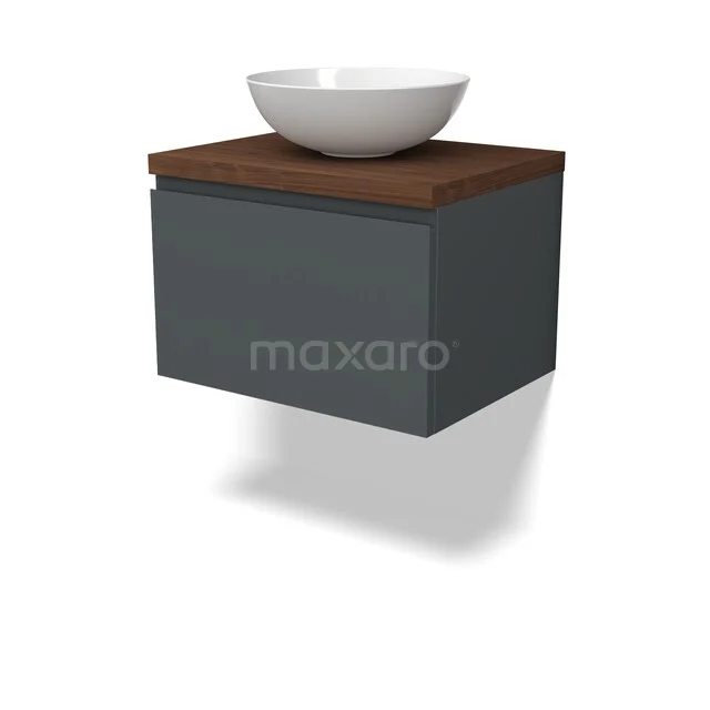 Graues schwebendes Badezimmermöbel mit Holzplatte und weißem schalenförmigem Waschbecken, schlicht modernes Design.