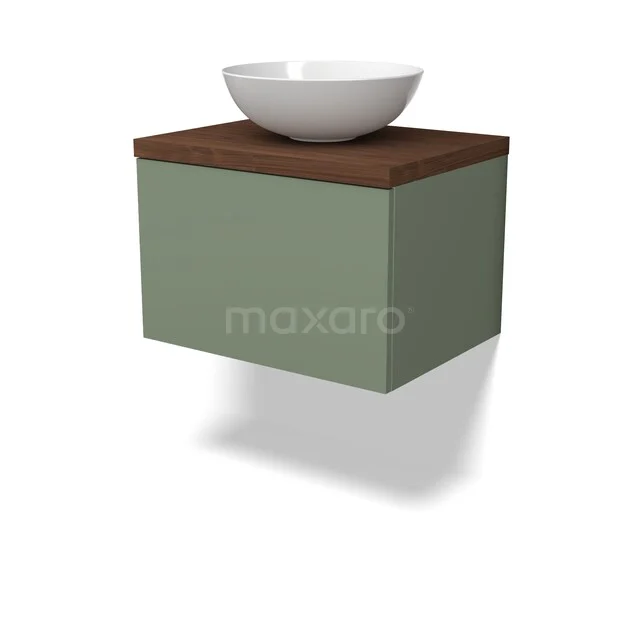 Modulo Plato Vanity units for countertop basin | 60 cm Sage green Flat front Walnut worktop 1 drawer BMK11-03024 Green wall unit with wooden top and white washbasin, modern bathroom design, compact design.