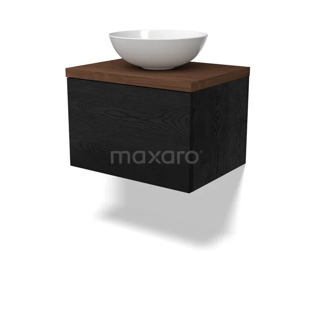 Modulo Plato Vanity units for countertop basin | 60 cm Black oak Flat front Walnut worktop 1 drawer BMK11-03026 Floating black bathroom unit with wood-look top and round white basin. Minimalist design, perfect for modern bathrooms.