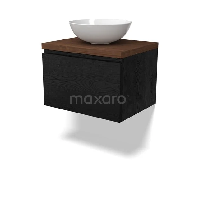 Zwevend zwart badkamermeubel met houtkleurig blad en witte waskom, modern design van de Luxe-serie.