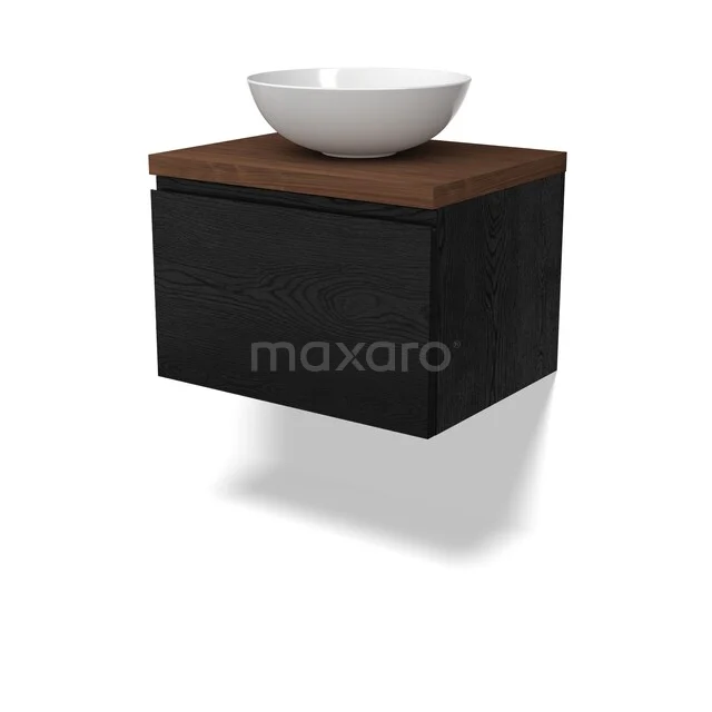 Zwevend schwarzes Badezimmermöbel mit holzfarbener Platte und weißem Aufsatzwaschbecken, modernes Design der Luxe-Serie.