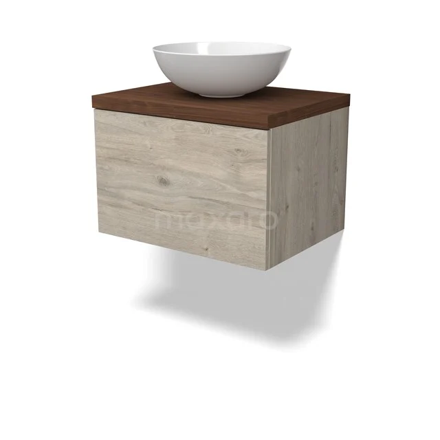 Holz Badezimmermöbel mit Waschbecken, schwebendes Design, ausgeführt in Eiche-Look mit dunkler Platte.