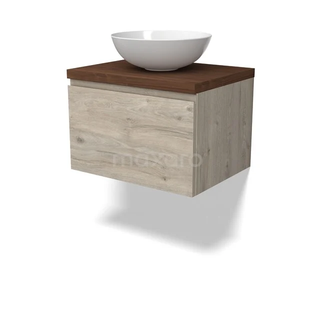 Houten zwevend badkamermeubel met witte waskom, modern design, rustieke afwerking en compact formaat.