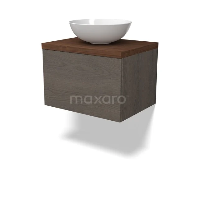 Modulo Plato Badkamermeubel voor waskom | 60 cm Donkerbruin eiken Vlak front Walnoot blad 1 lade BMK11-03036 Zwevend houten badkamermeubel met witte keramische waskom en donkerbruin blad, modern design.