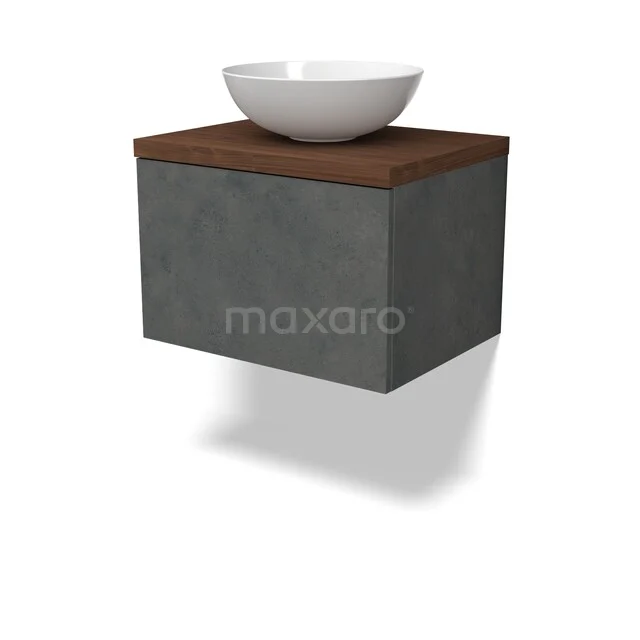 Hangend badkamermeubel betonlook met houten blad en witte ronde wastafel, modern design voor een stijlvolle badkamer.