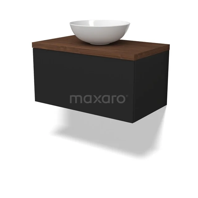 Zwevend Badmöbel mit Schwarz Schrank, Holz Platte und weißen keramischen Aufsatzwaschbecken, modernes Design.