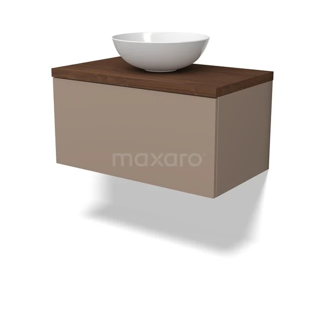 Beige badkamermeubel met zwevende houten bovenblad en witte waskom; stijlvol en compact design voor moderne badkamers.