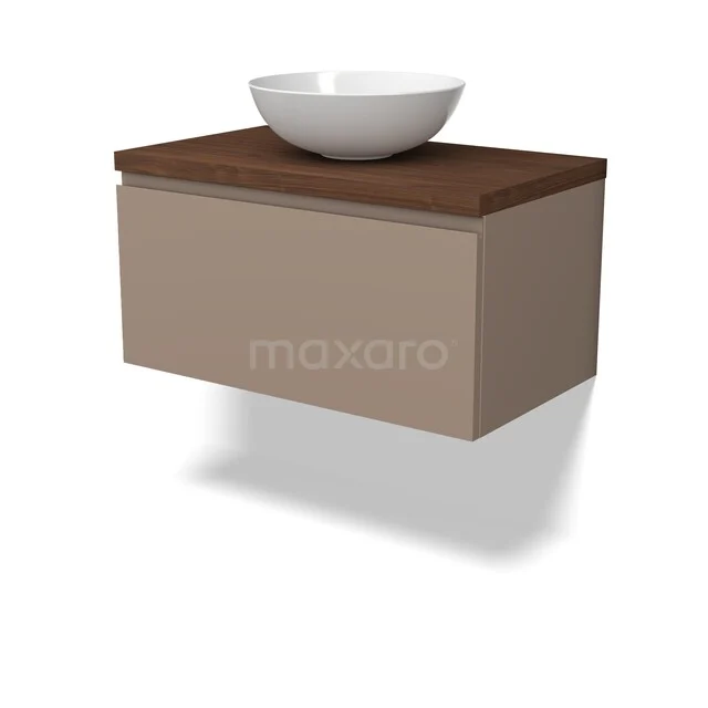 Beige zwevend badkamermeubel met houten blad en ronde waskom, modern design.