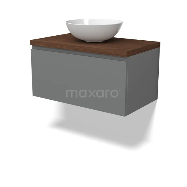 Graues schwebendes Badmöbel mit Holzplatte und weißem Aufsatzwaschbecken, minimalistisches Design für moderne Bäder.