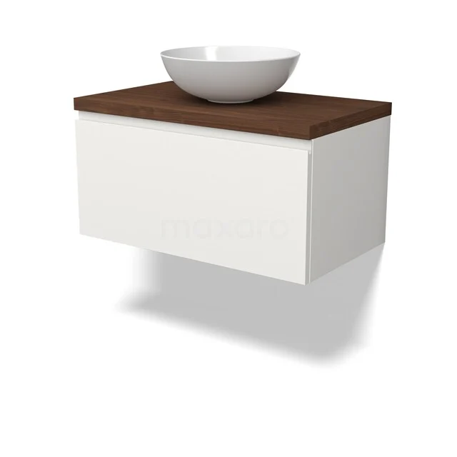 Waschbeckenmöbel Modulo BMK11-03051 Weißes schwebendes Badmöbel mit einer dunklen Holzplatte und einem runden keramischen Aufsatzwaschbecken, modernes und platzsparendes Design.