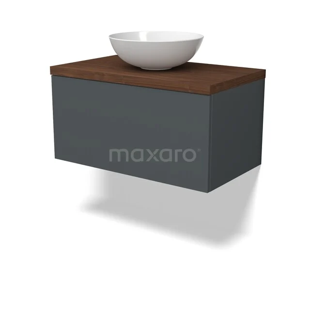 Grijze hangende badkamerkast met houten blad en witte wastafelkom, moderne stijl geschikt voor badkameropslag.