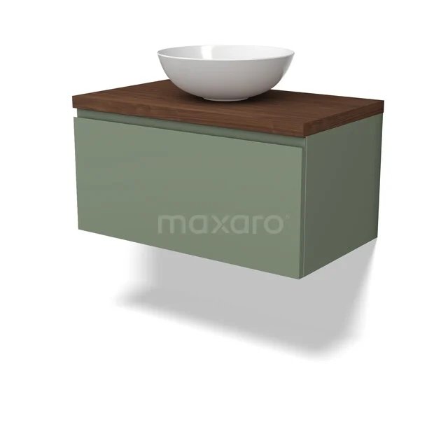 Groene hangende badkamermeubel met houten blad en witte waskom, moderne designset voor een stijlvolle badkamerinrichting.