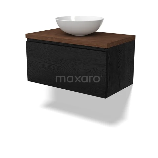 Zwarte hangende badkamerkast met houten blad en moderne, witte opbouw wastafel. Eigentijds design voor stijlvolle badkamers.