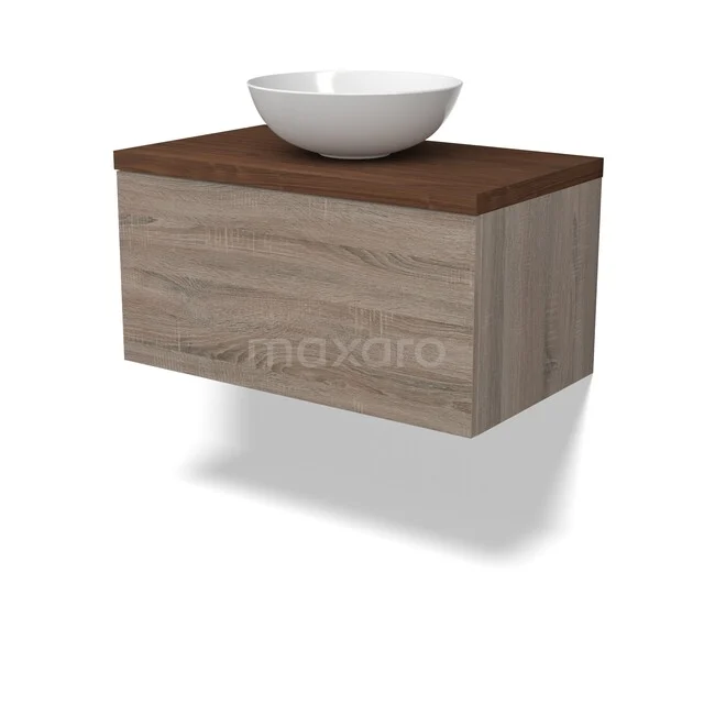 Holz-Badmöbel mit hängendem Waschbecken, dunkler Holzplatte und modernem weißen keramischen Aufsatzwaschbecken, ideal für kompakte Bäder.