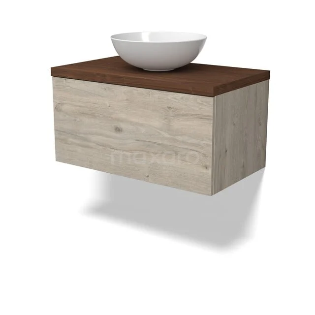 Houten badkamermeubel met hangend design, lade in lichte houtkleur, donker blad en witte komvormige wasbak.