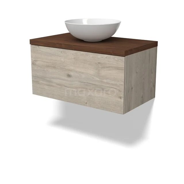 Holz Badezimmermöbel mit hängendem Design, Schublade in heller Holzfarbe, dunkle Platte und weiße schalenförmige Waschbecken.