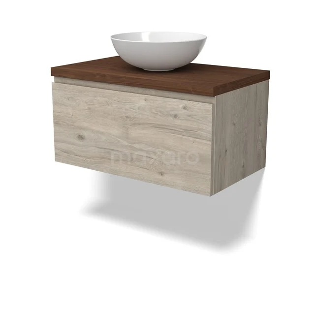 Modulo Plato Badkamermeubel voor waskom | 80 cm Lichtgrijs eiken Greeploos front Walnoot blad 1 lade BMK11-03061 Houten badkamermeubel met wandmontage, licht eiken afwerking, donker houten blad en moderne witte ronde keramische waskom.