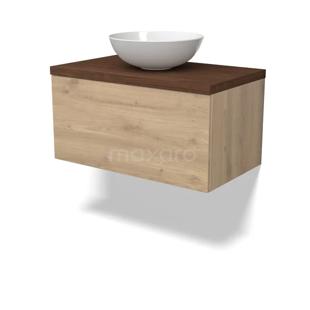 Holz-Badmöbel mit einem hängenden Design, dunkler Platte und weißem Aufsatzwaschbecken; ideal für moderne Badezimmerinterieurs.