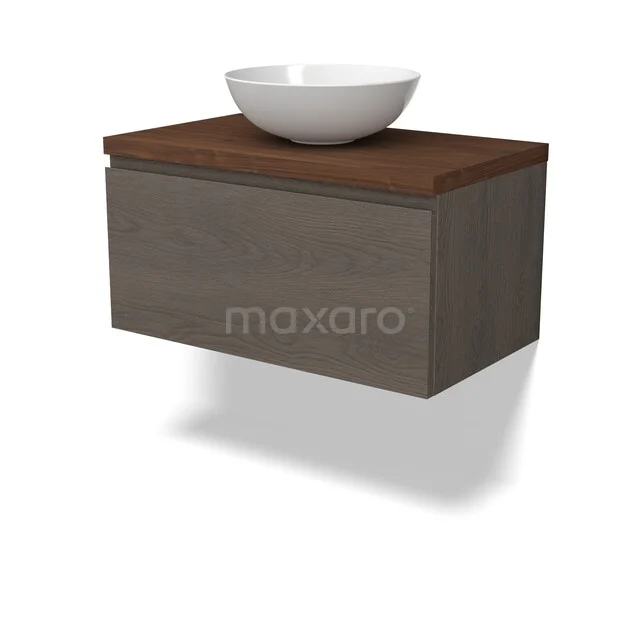 Houten badkamermeubel met wandmontage in walnootkleur, wit keramische opbouwkom en softclose lade.