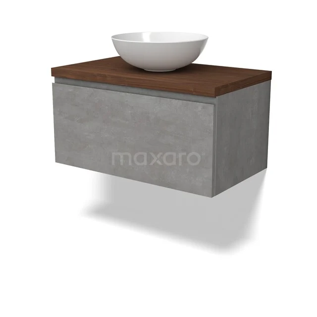 Beton Badmöbel mit Holzlook Platte und weißem Aufsatzwaschbecken, modernes Design, Wandmontage, ideal für ein stilvolles Badezimmer.