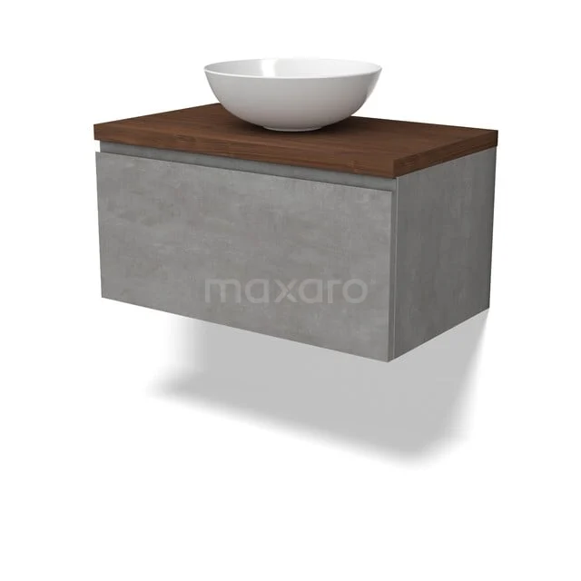 Betonnen badmeubel met houtlook blad en witte waskom, modern design, wandmontage, ideaal voor een stijlvolle badkamer.