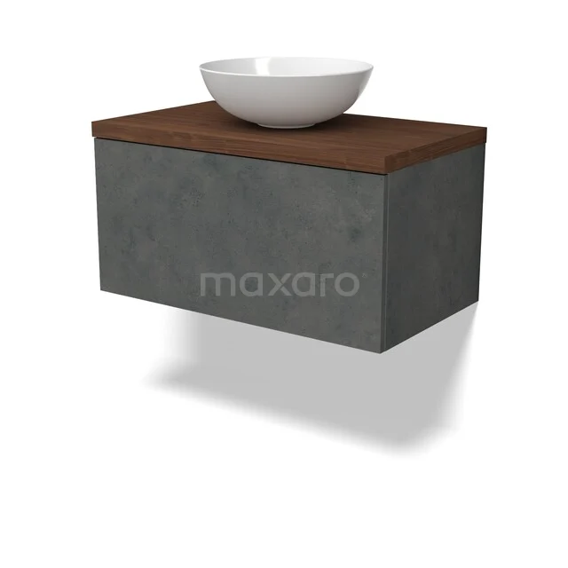 Betonlook badkamermeubel met houtlook blad en rond witte wastafel, modern zwevend design voor een strakke badkamerstijl.