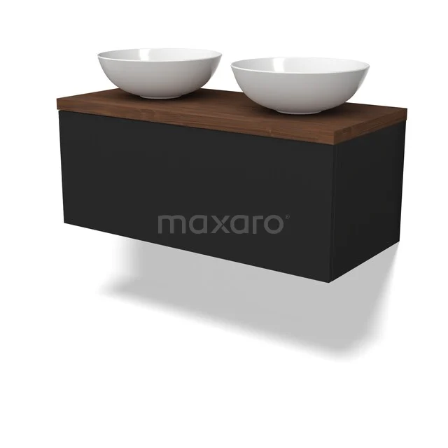 Schwarz Badmöbel mit Holz Platte und zwei runden, weißen Aufsatzwaschbecken, modernes Design.