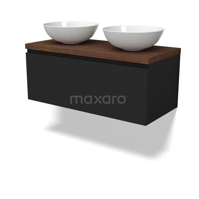 Zwart-walnoot badkamermeubel met twee witte keramische waskommen, modern ontwerp, geschikt voor stijlvolle badkamers.