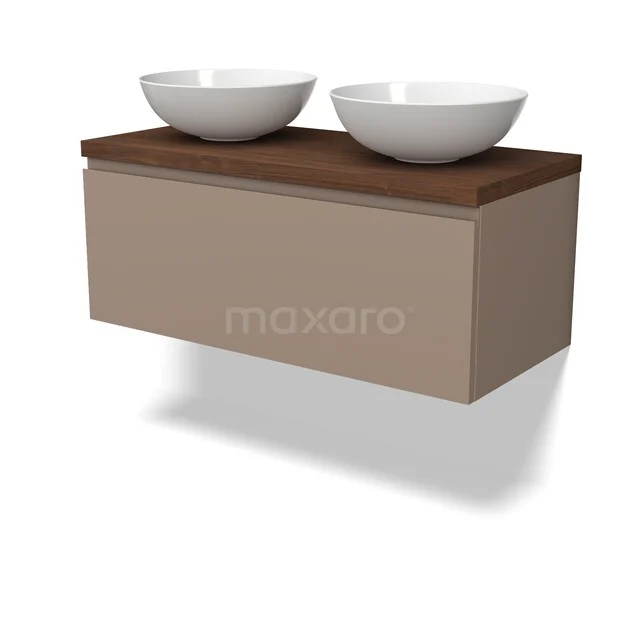 Beige badkamermeubel met houten blad en dubbele witte waskommen, stijlvol en modern ontwerp voor elke badkamer.