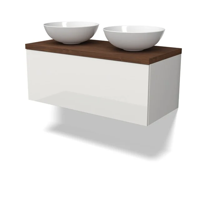 Waschbeckenmöbel Modulo BMK11-03078 Weißes schwebendes Badmöbel mit Holzplatte und doppelten Aufsatzwaschbecken, modernes Design für stilvolle Bäder.