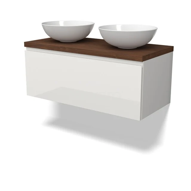 Weiße wandhängende Badmöbel mit doppeltem runden Aufsatzwaschbecken und Holzlook Platte, modernes Design für stilvolles Badezimmer.