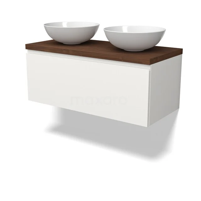 Weißes hängendes Badmöbel mit Holzplatte und doppelten runden Aufsatzwaschbecken, minimalistisches Design für moderne Bäder.