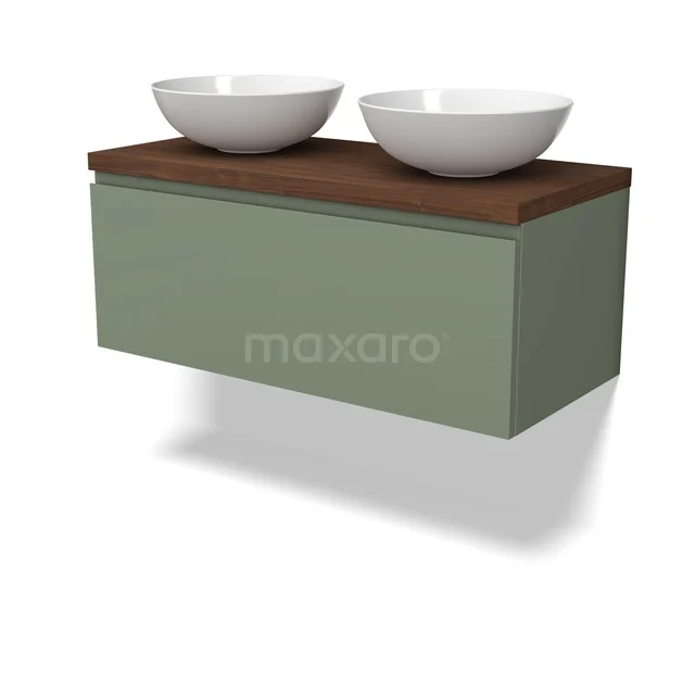 Modulo Plato Vanity units for countertop basin | 100 cm Sage green Handle-less front Walnut worktop 1 drawer BMK11-03085 Groene hangende wastafelmeubel met houten blad en dubbele ronde waskommen, ideaal voor een moderne badkamerstijl.