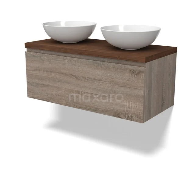Houten badkamermeubel met twee witte waskommen, walnoot-look blad en lade, modern design.