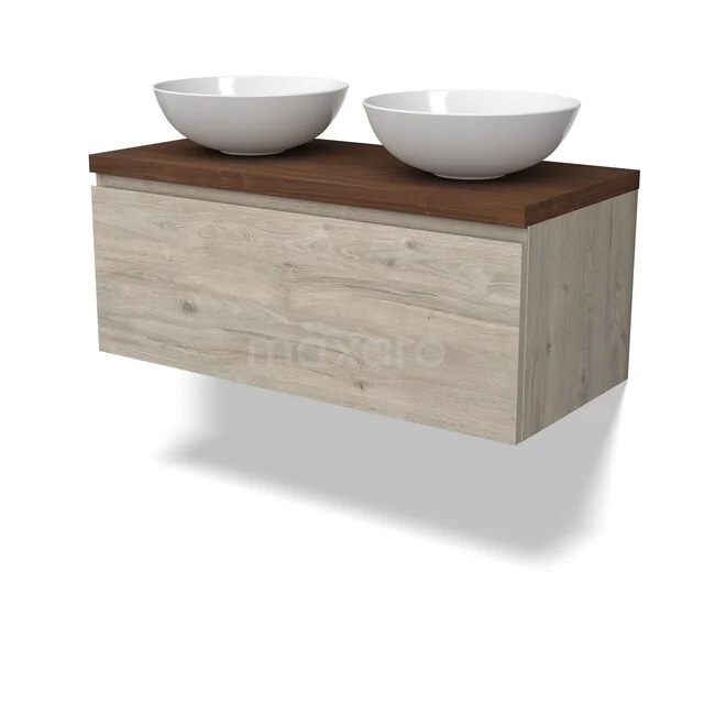 Houten badkamermeubel met hangende wastafel, eiken-look onderkast en donker houten blad met twee ronde witte waskommen.