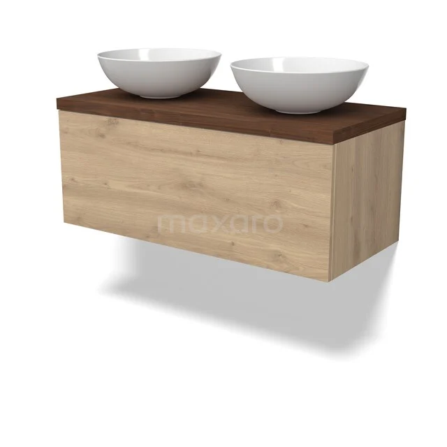 Holz Badezimmermöbel mit zwei weißen Aufsatzwaschbecken, hängendes Design, ideal für moderne Bäder.