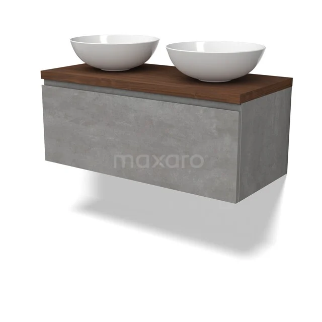 Betonlook Badmöbel mit Holzplatte, inklusive zwei weißen runden Aufsatzwaschbecken. Modernes Design, ideal für ein stilvolles Badezimmer.