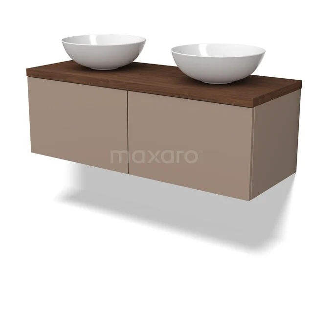 Modulo Plato Badkamermeubel voor waskom | 120 cm Taupe Vlak front Walnoot blad 2 lades naast elkaar BMK12-02184 Beige badkamermeubel met houtlook blad en dubbele ronde waskommen, modern design geschikt voor elke badkamerstijl.