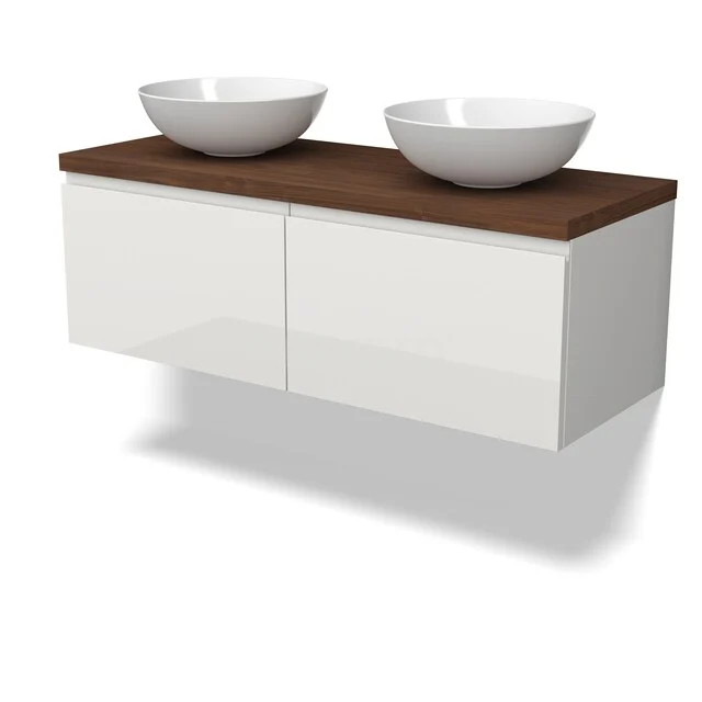 Weißes schwebendes Badmöbel mit doppelten Aufsatzwaschbecken und dunklem Holzblatt, modernes Design, perfekt für jeden Badezimmerstil.