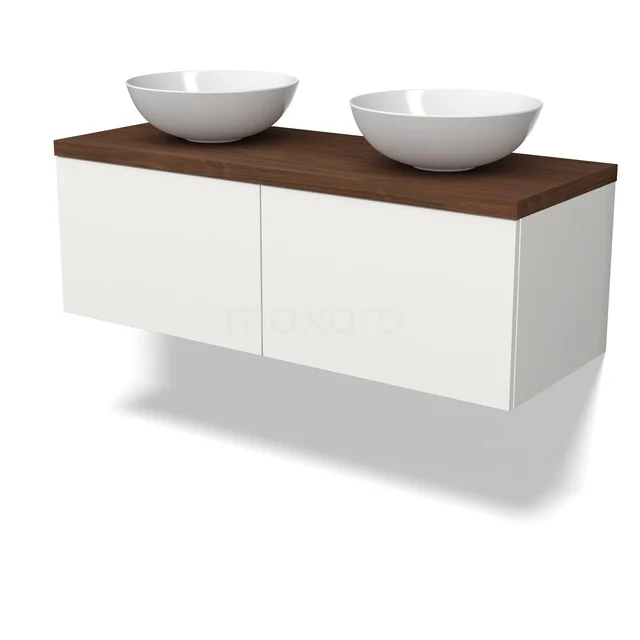 Modulo Plato Badkamermeubel voor waskom | 120 cm Mat wit Vlak front Walnoot blad 2 lades naast elkaar BMK12-02190 Wit zwevend badmeubel met houten blad en dubbele keramische waskom, modern design voor een stijlvol badkamerinterieur.