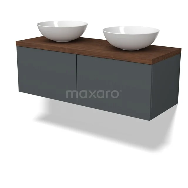 Modulo Plato Badkamermeubel voor waskom | 120 cm Donkergrijs Vlak front Walnoot blad 2 lades naast elkaar BMK12-02192 Donkergrijze zwevende badkamermeubelset met walnotenblad en dubbele witte waskom, moderne en strakke uitstraling.