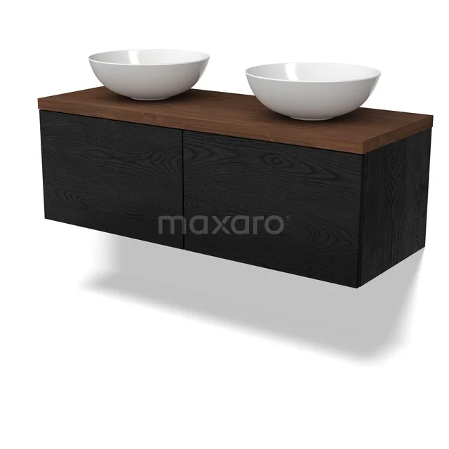 Modulo Plato Vanity units for countertop basin | 120 cm Black oak Flat front Walnut worktop 2 Side-by-side drawers BMK12-02196 Zwevend badkamermeubel zwart met houtlook blad en dubbele witte waskommen, modern design, geschikt voor ruime badkamers.